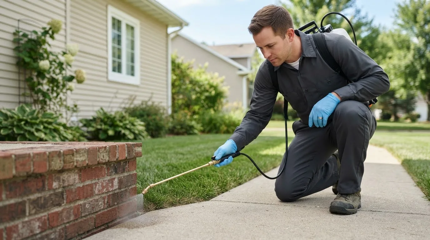 Pest control technician treating a home near Potsdam, OH