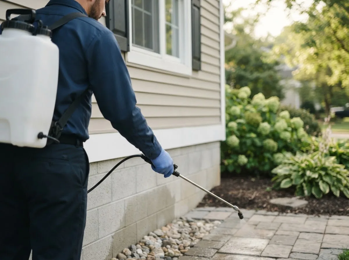 Pest control technician inspecting a home in Potsdam, OH